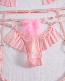 Plush Ball Pleated Skirt See-through Mesh Sexy Underwear Set