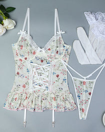 Floral Lace Stitching Stretch Mesh Sexy Pajamas and Stockings Set