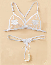 Women's Three-point Sexy Hollow Pearl Massage Underwear Set