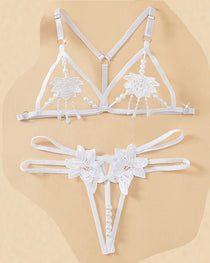 Women's Three-point Sexy Hollow Pearl Massage Underwear Set