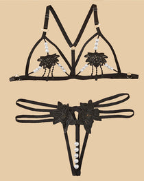 Women's Three-point Sexy Hollow Pearl Massage Underwear Set