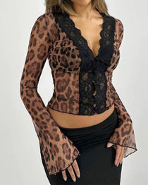 Women's Floral Lace See-through Ruffle Sleeve V-Neck Top