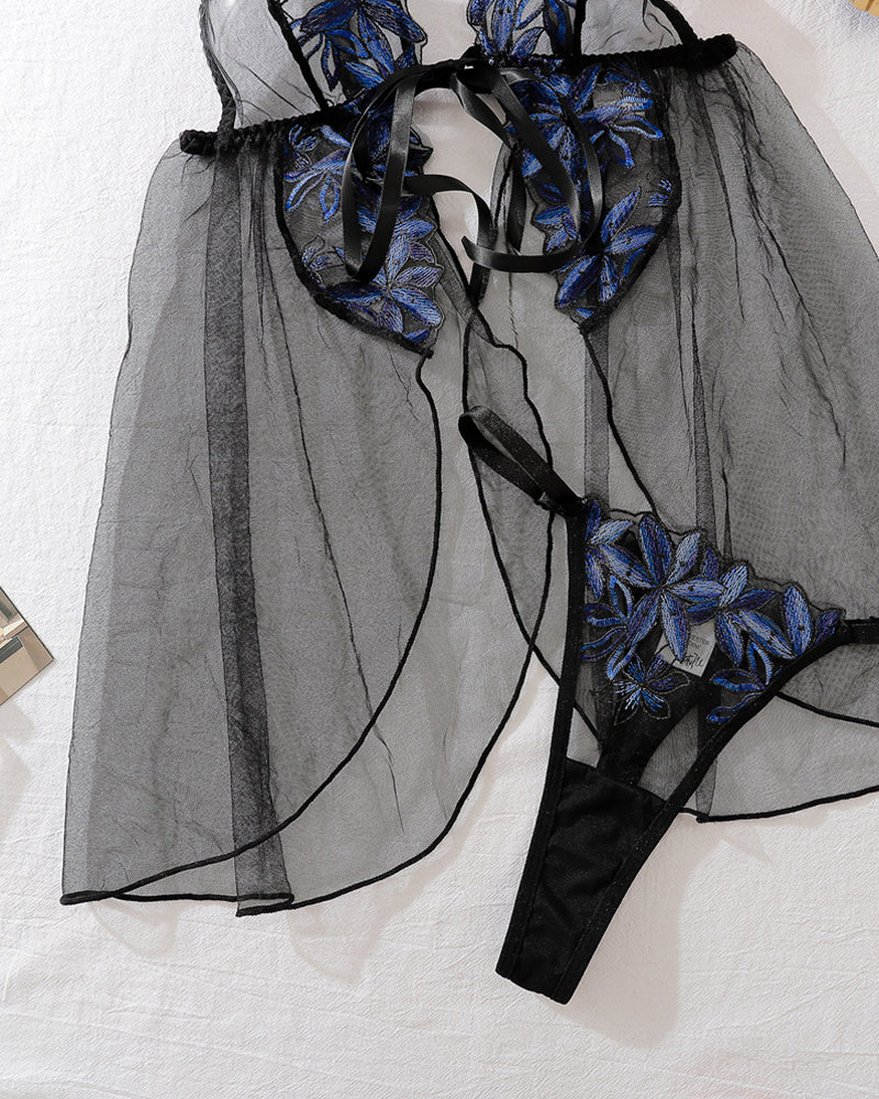 Sexy Mesh Flower Embroidery See-Through Suspender Pajamas Secondary image