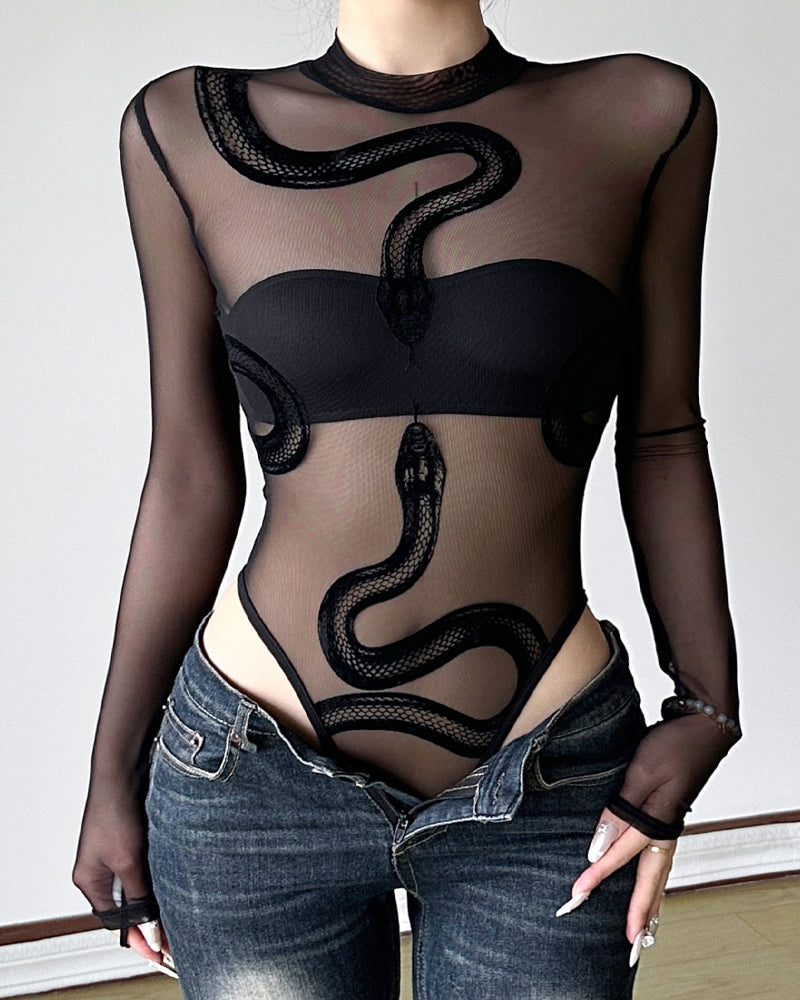 Flocked Snake Print Sexy See-through Mesh Stretch Long Sleeve Bodysuits Main image