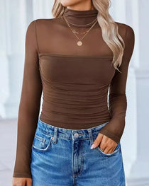 Women's High Neck Mesh See-through Stitching Long Sleeve Body-shaping Stretch Bodysuit