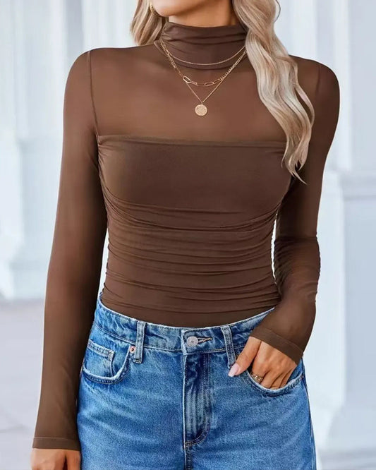 Women's High Neck Mesh See-through Stitching Long Sleeve Body-shaping Stretch Bodysuit