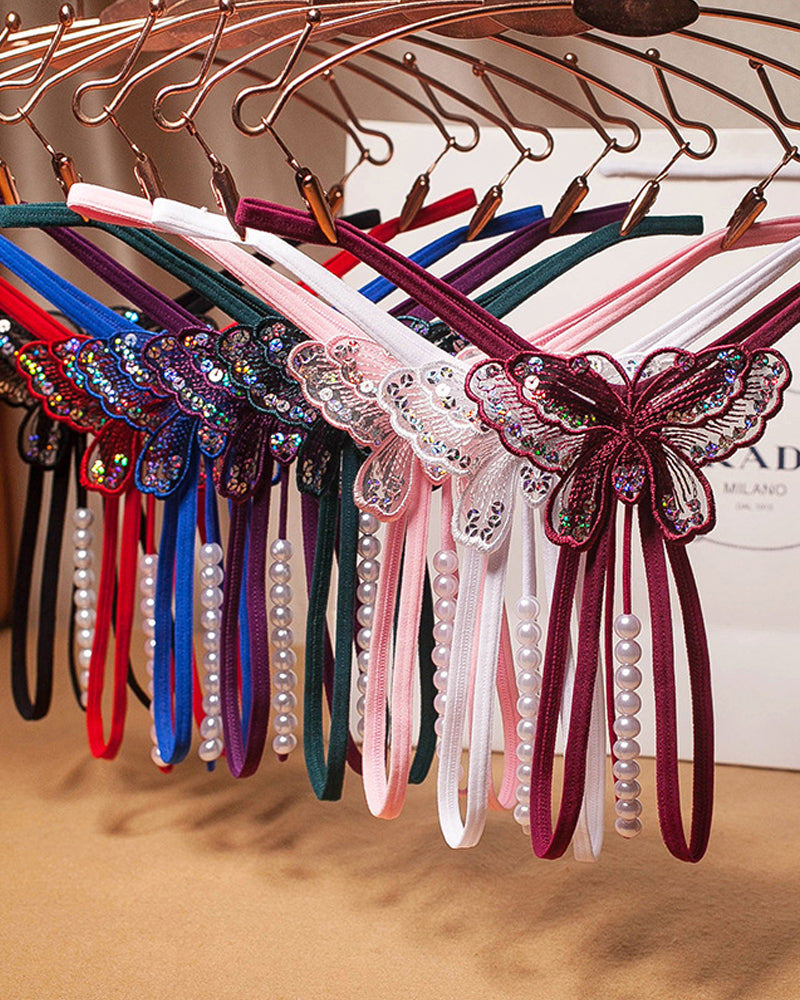 Sexy Sequin Butterfly Embroidered Open Crotch Massage Pearl Thong Secondary image