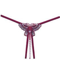 Sexy Sequin Butterfly Embroidered Open Crotch Massage Pearl Thong