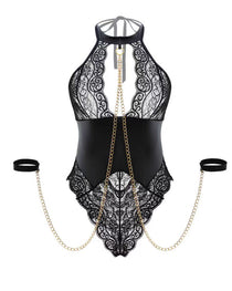 Deep V Halterneck Patent Leather Lace Splicing Bondage Metal Chain Sexy Lingerie