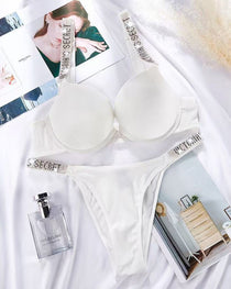 Sparkling Diamond Wide Strap Letter Rhinestone Sexy Push-Up Bra Set