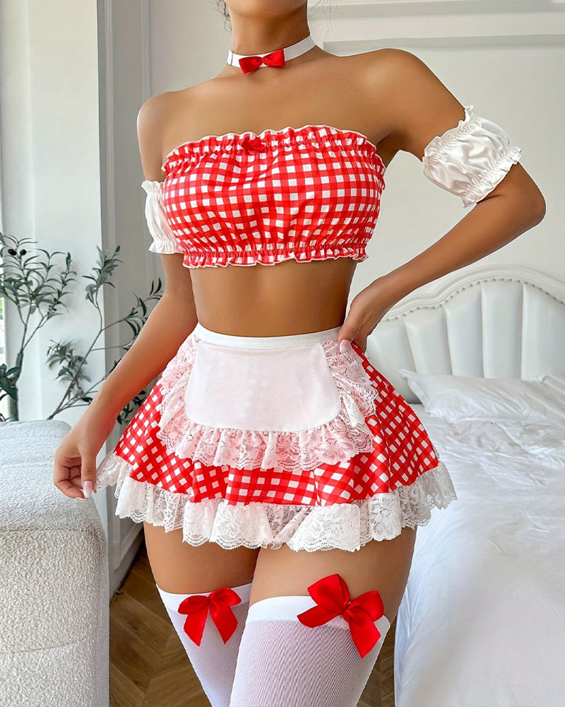 Sexy Colorblock Plaid Lace Maid Outfit Secondary image