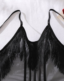 See-Through Mesh Sexy Suspenders Tassel Body-Shaping Bodysuit