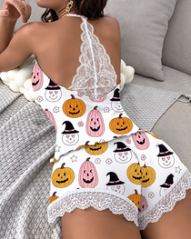Milk Silk V-neck Suspender Lace Back Colorblock Top and Shorts Pajama Set