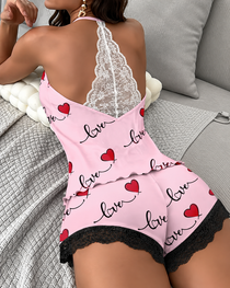 Milk Silk V-neck Suspender Lace Back Colorblock Top and Shorts Pajama Set