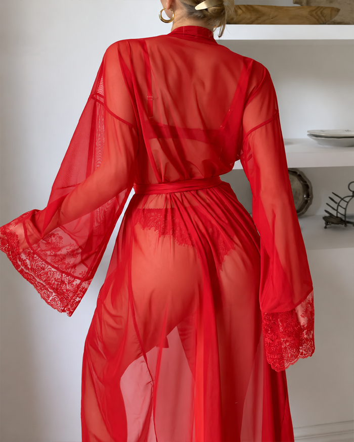 Sexy Lace Mesh See-Through Slip Dress and Long Sleeved Robe Set