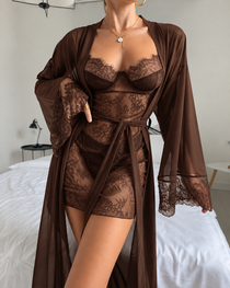 Sexy Lace Mesh See-Through Slip Dress and Long Sleeved Robe Set