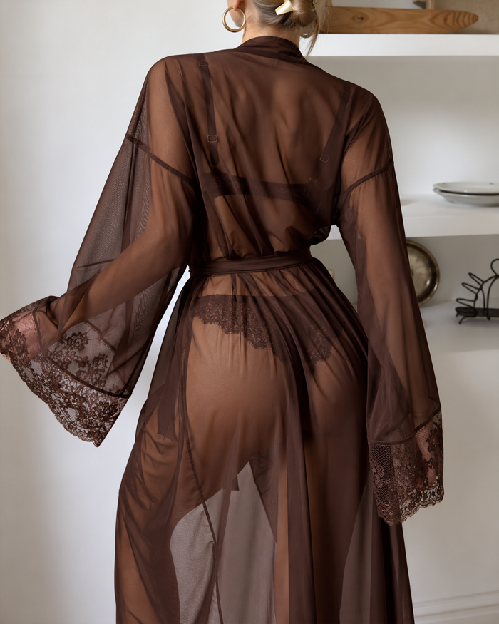 Sexy Lace Mesh See-Through Slip Dress and Long Sleeved Robe Set