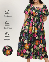 Plus Size Summer Square Neck High Waist Printed Short Sleeve Dress