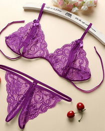Open Crotch Three-point Two-piece Sexy Lace Underwear Women's Sexy Passion Thong
