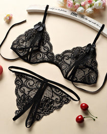 Open Crotch Three-point Two-piece Sexy Lace Underwear Women's Sexy Passion Thong