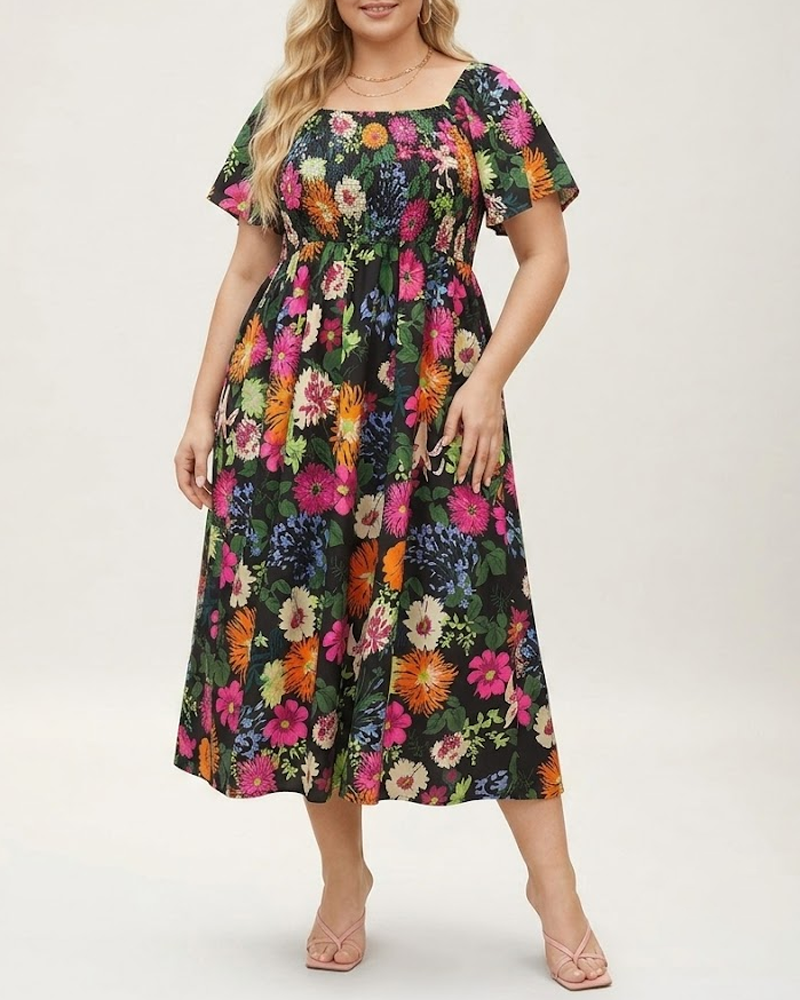 Plus Size Summer Square Neck High Waist Printed Short Sleeve Dress