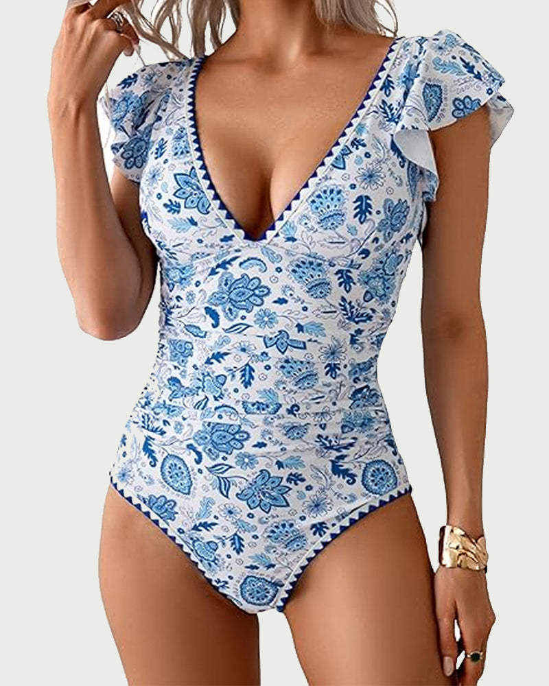 Deep V Ruffle Short-Sleeve Tummy-Controlling Printed One-Piece Swimsuit Main image