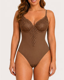 Women's Deep V Lace-Trimmed Tummy Control Seamless Bodysuit