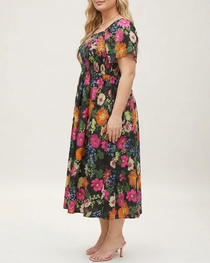 Plus Size Summer Square Neck High Waist Printed Short Sleeve Dress