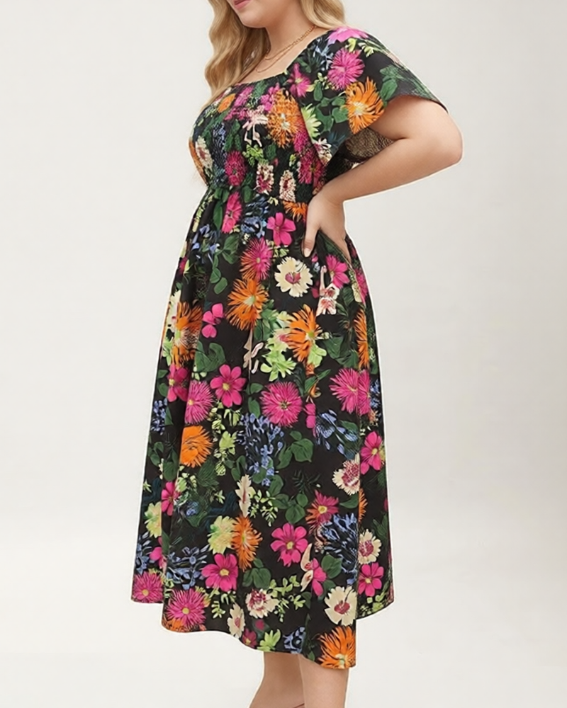 Plus Size Summer Square Neck High Waist Printed Short Sleeve Dress