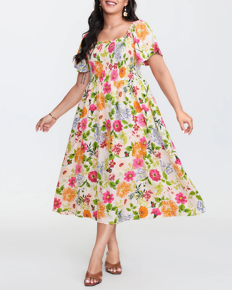 Plus Size Summer Square Neck High Waist Printed Short Sleeve Dress