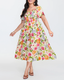 Plus Size Summer Square Neck High Waist Printed Short Sleeve Dress