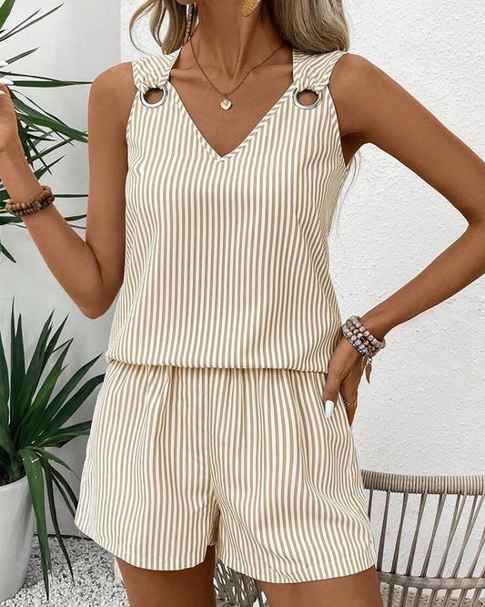 Metal Ring Buckle V-Neck Sleeveless Striped Tank Top & Shorts Two-Piece Set