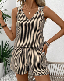 Metal Ring Buckle V-Neck Sleeveless Striped Tank Top & Shorts Two-Piece Set