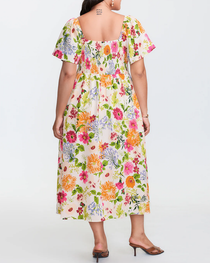Plus Size Summer Square Neck High Waist Printed Short Sleeve Dress