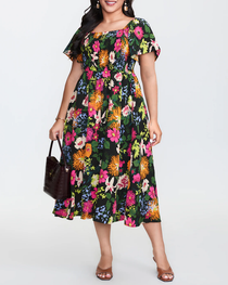 Plus Size Summer Square Neck High Waist Printed Short Sleeve Dress