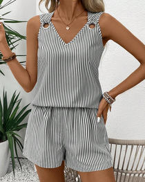 Metal Ring Buckle V-Neck Sleeveless Striped Tank Top & Shorts Two-Piece Set