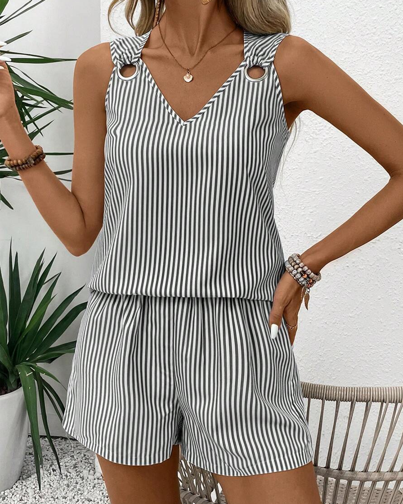 Metal Ring Buckle V-Neck Sleeveless Striped Tank Top & Shorts Two-Piece Set