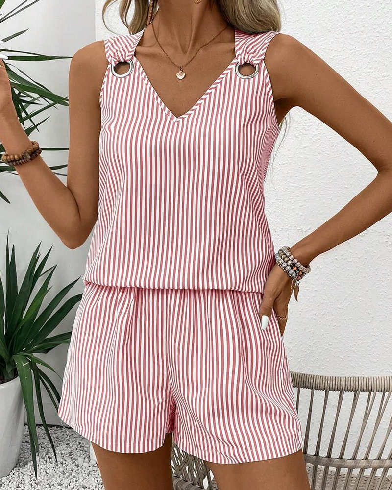 Metal Ring Buckle V-Neck Sleeveless Striped Tank Top & Shorts Two-Piece Set