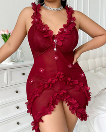 Plus Size Sexy Ruched Mesh Lace Trim Cami Chemise