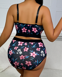 Plus Size Sexy Floral Print Lace Trim Lingerie Set