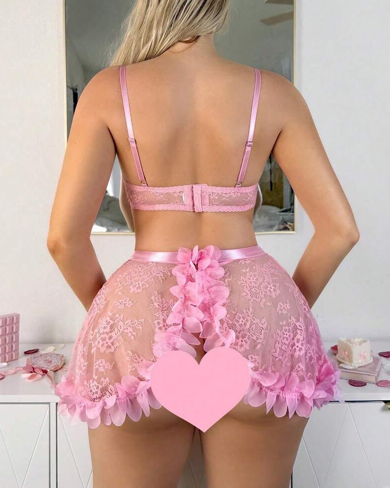 Sexy Sheer Lace Backless Ruffle-Trim Babydoll Lingerie Dress