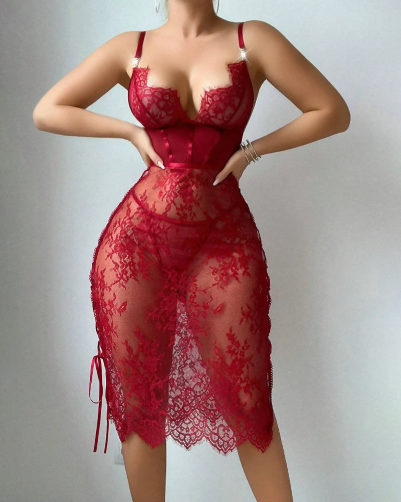 Sexy Lace Cutout Lace-Up Bodycon Babydoll Lingerie Secondary image