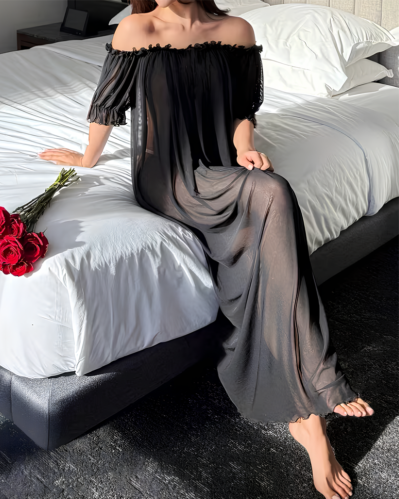 Sexy Sheer Mesh Ruffle Off-the-Shoulder Long Nightgown Secondary image