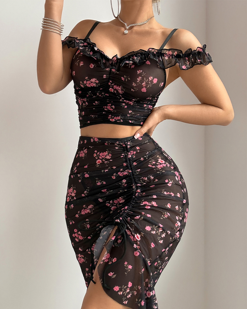 Sexy Floral Print Bodycon Sheer Maxi Skirt Set Secondary image