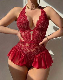 Sexy Lace Open-Crotch Halter Bodysuit