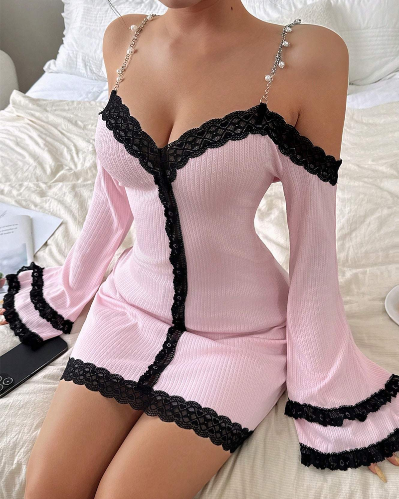 Sexy Pearl Strap Lace-Trim Long-Sleeve Babydoll Nightdress Main image