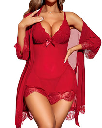 Sexy Deep V Lace See-through Mesh Slip Dress and Long-sleeved Robe Set