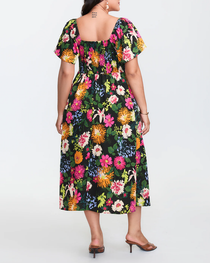 Plus Size Summer Square Neck High Waist Printed Short Sleeve Dress