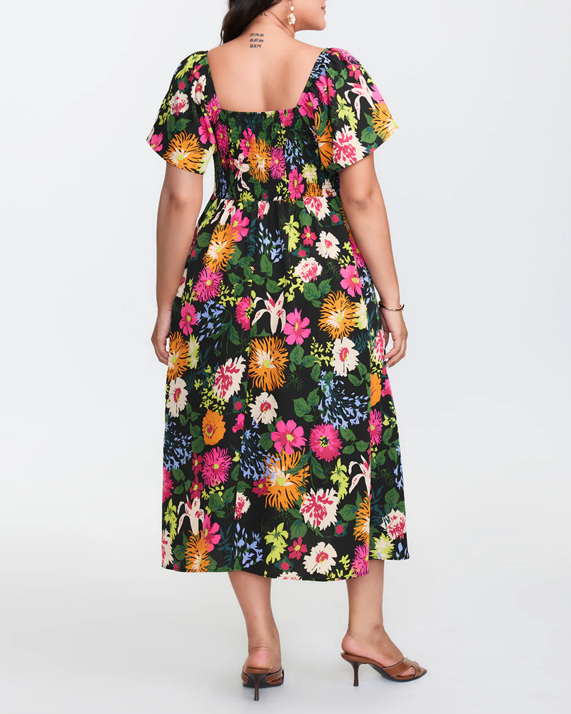 Plus Size Summer Square Neck High Waist Printed Short Sleeve Dress