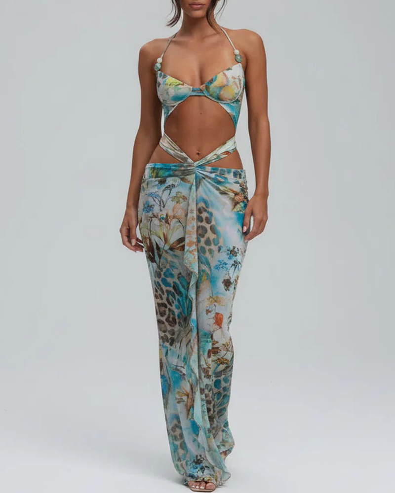 Sexy Summer Printed Backless Cutout Bodycon Swim Dress Main image